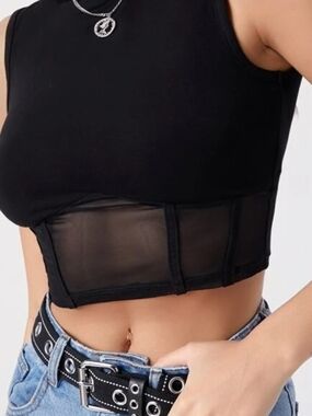 Black Mesh-Panel Crop Tank Top - Women